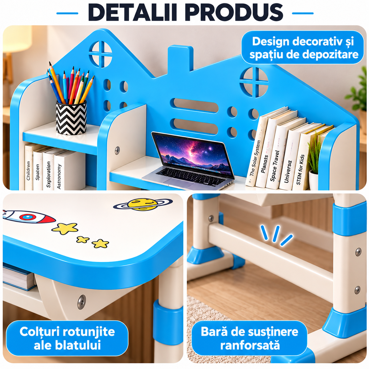 Set Birou si Scaun Ergonomic pentru Copii, Reglabil pe Inaltime, cu Raft pentru Carti, Design Astronaut