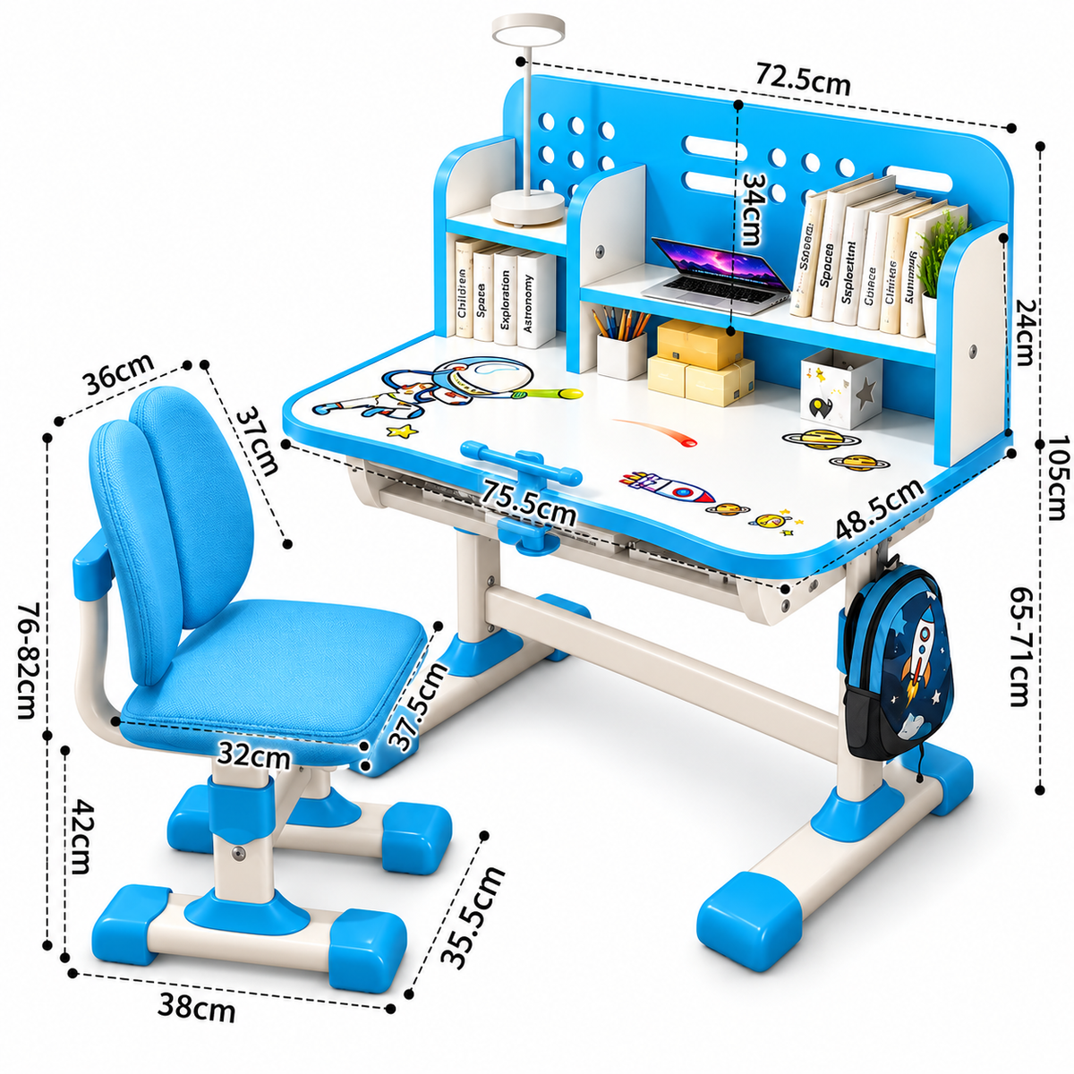 Set Birou si Scaun Ergonomic pentru Copii, Reglabil pe Inaltime, cu Raft pentru Carti, Design Astronaut