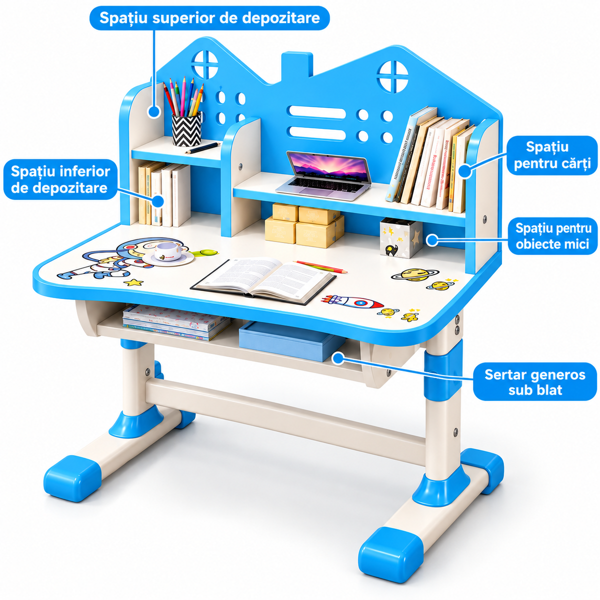 Set Birou si Scaun Ergonomic pentru Copii, Reglabil pe Inaltime, cu Raft pentru Carti, Design Astronaut