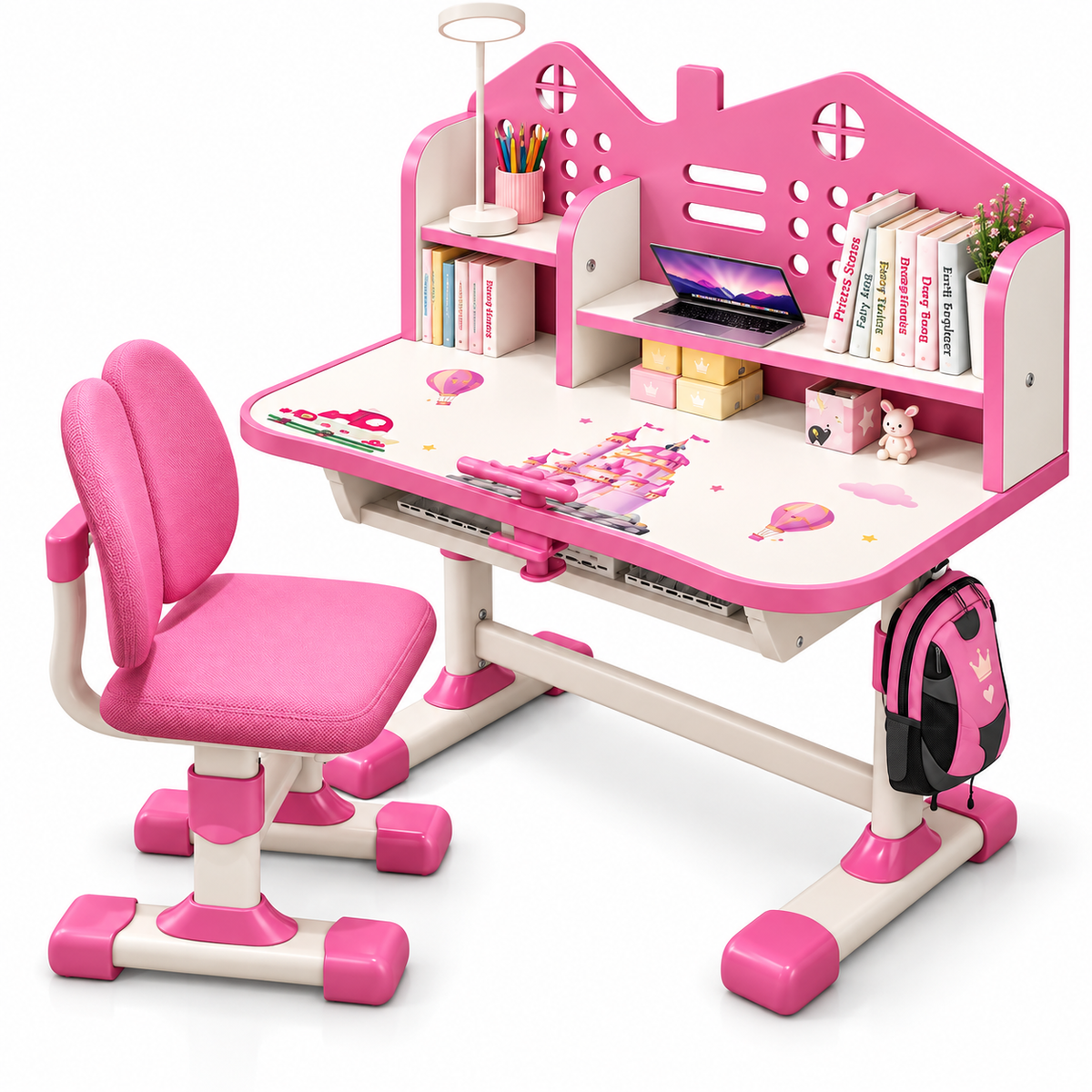 Set Birou si Scaun Ergonomic pentru Copii, Reglabil pe Inaltime, cu Raft pentru Carti, Design Astronaut