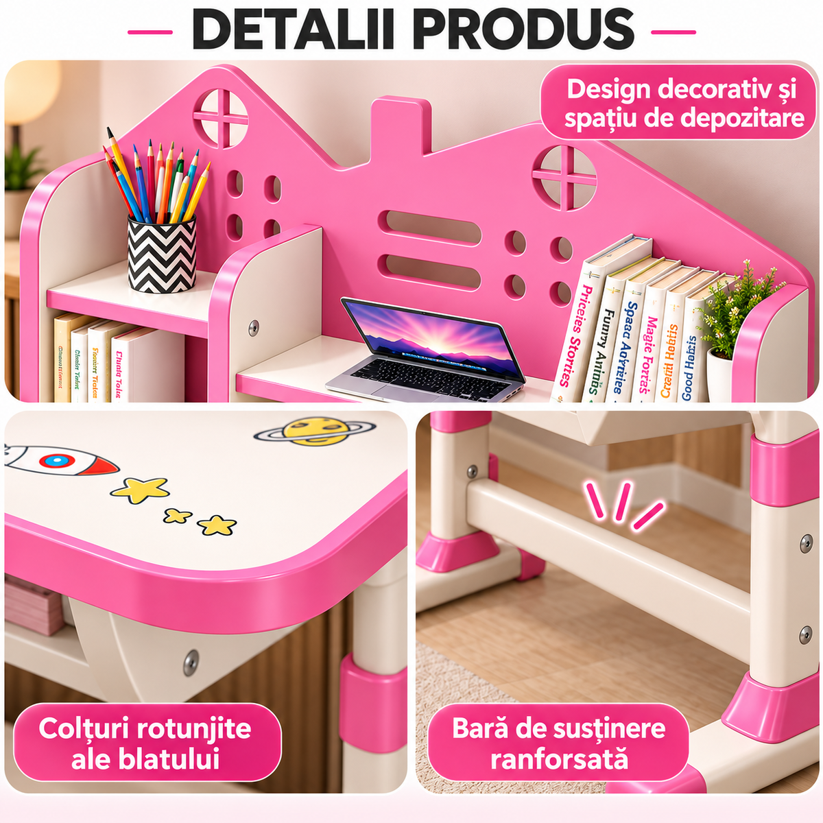 Set Birou si Scaun Ergonomic pentru Copii, Reglabil pe Inaltime, cu Raft pentru Carti, Design Astronaut