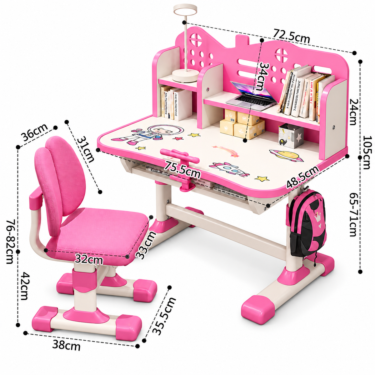 Set Birou si Scaun Ergonomic pentru Copii, Reglabil pe Inaltime, cu Raft pentru Carti, Design Astronaut