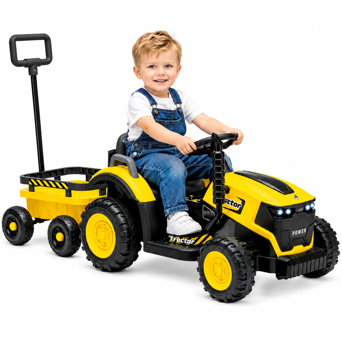 Tractor Electric pentru Copii KIDOO 12V, 2 Motoare 380, Telecomandă 2.4G, Remorcă Detașabilă, Lumini LED și Muzică
