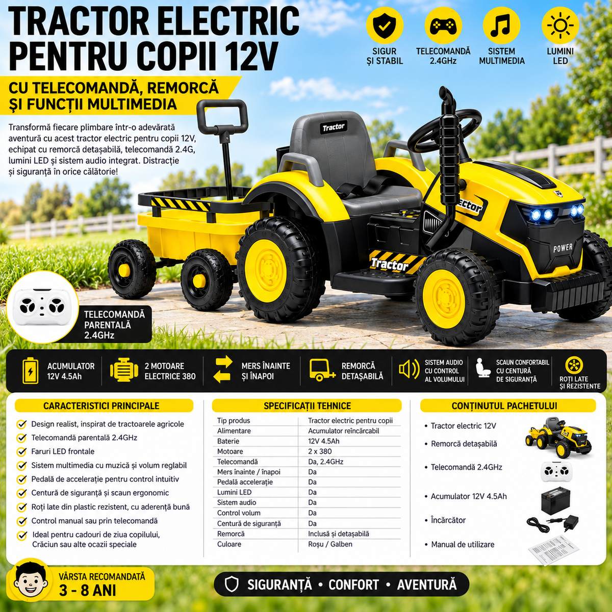 Tractor Electric pentru Copii KIDOO 12V, 2 Motoare 380, Telecomandă 2.4G, Remorcă Detașabilă, Lumini LED și Muzică