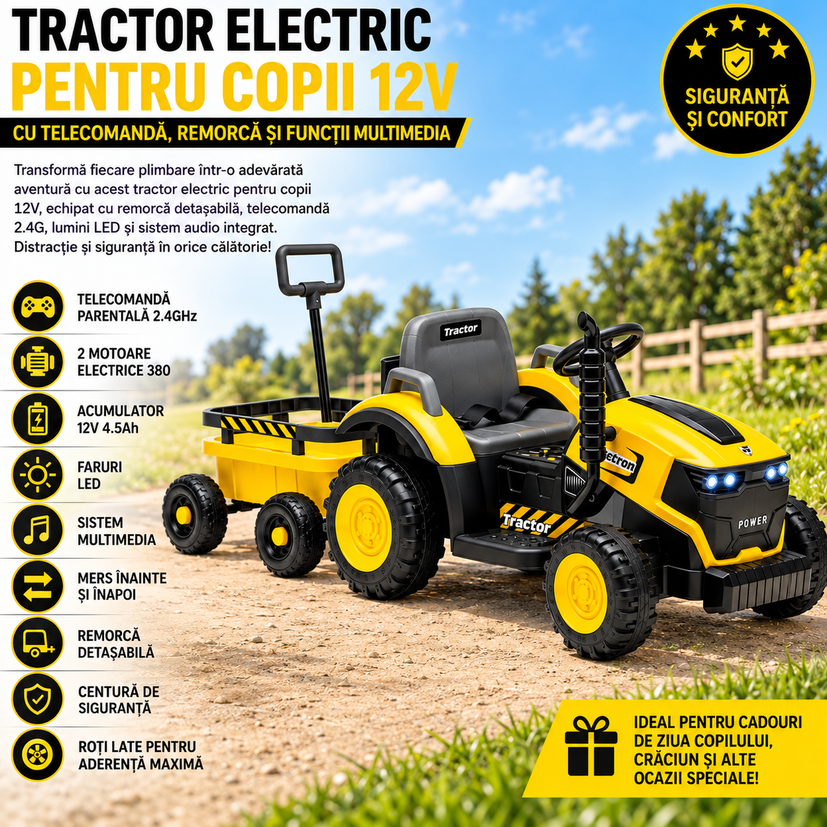 Tractor Electric pentru Copii KIDOO 12V, 2 Motoare 380, Telecomandă 2.4G, Remorcă Detașabilă, Lumini LED și Muzică