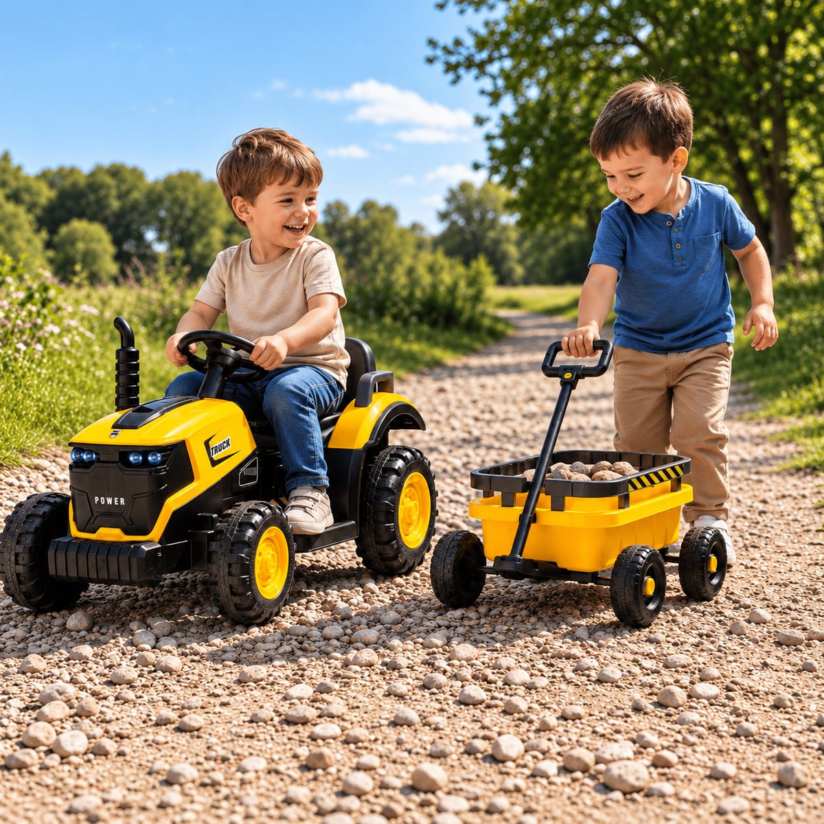 Tractor Electric pentru Copii KIDOO 12V, 2 Motoare 380, Telecomandă 2.4G, Remorcă Detașabilă, Lumini LED și Muzică