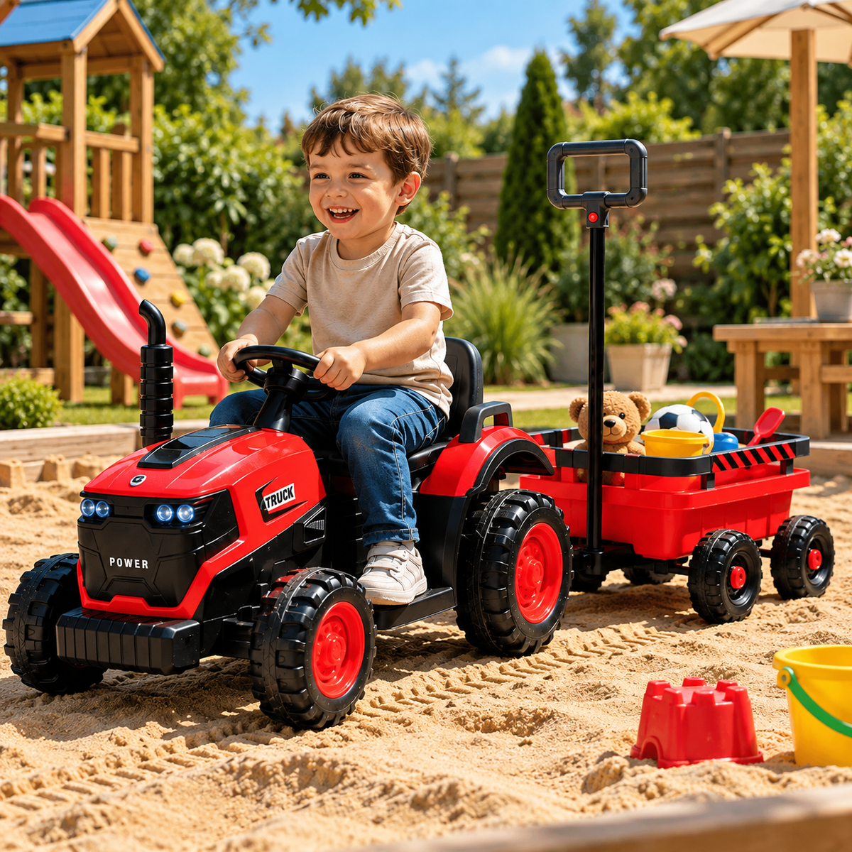 Tractor Electric pentru Copii KIDOO 12V, 2 Motoare 380, Telecomandă 2.4G, Remorcă Detașabilă, Lumini LED și Muzică
