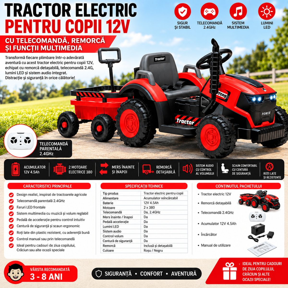 Tractor Electric pentru Copii KIDOO 12V, 2 Motoare 380, Telecomandă 2.4G, Remorcă Detașabilă, Lumini LED și Muzică