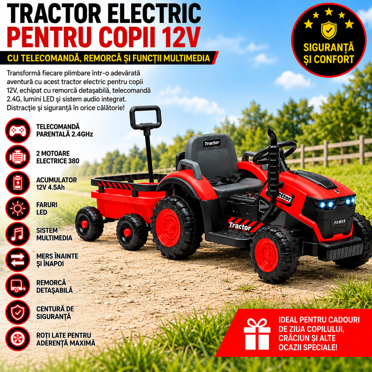 Tractor Electric pentru Copii KIDOO 12V, 2 Motoare 380, Telecomandă 2.4G, Remorcă Detașabilă, Lumini LED și Muzică