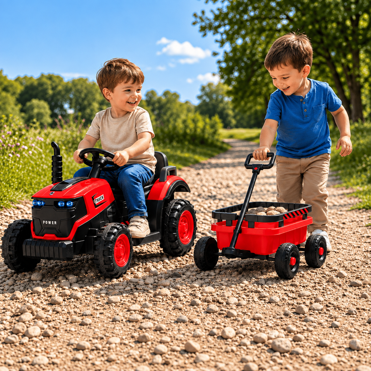Tractor Electric pentru Copii KIDOO 12V, 2 Motoare 380, Telecomandă 2.4G, Remorcă Detașabilă, Lumini LED și Muzică