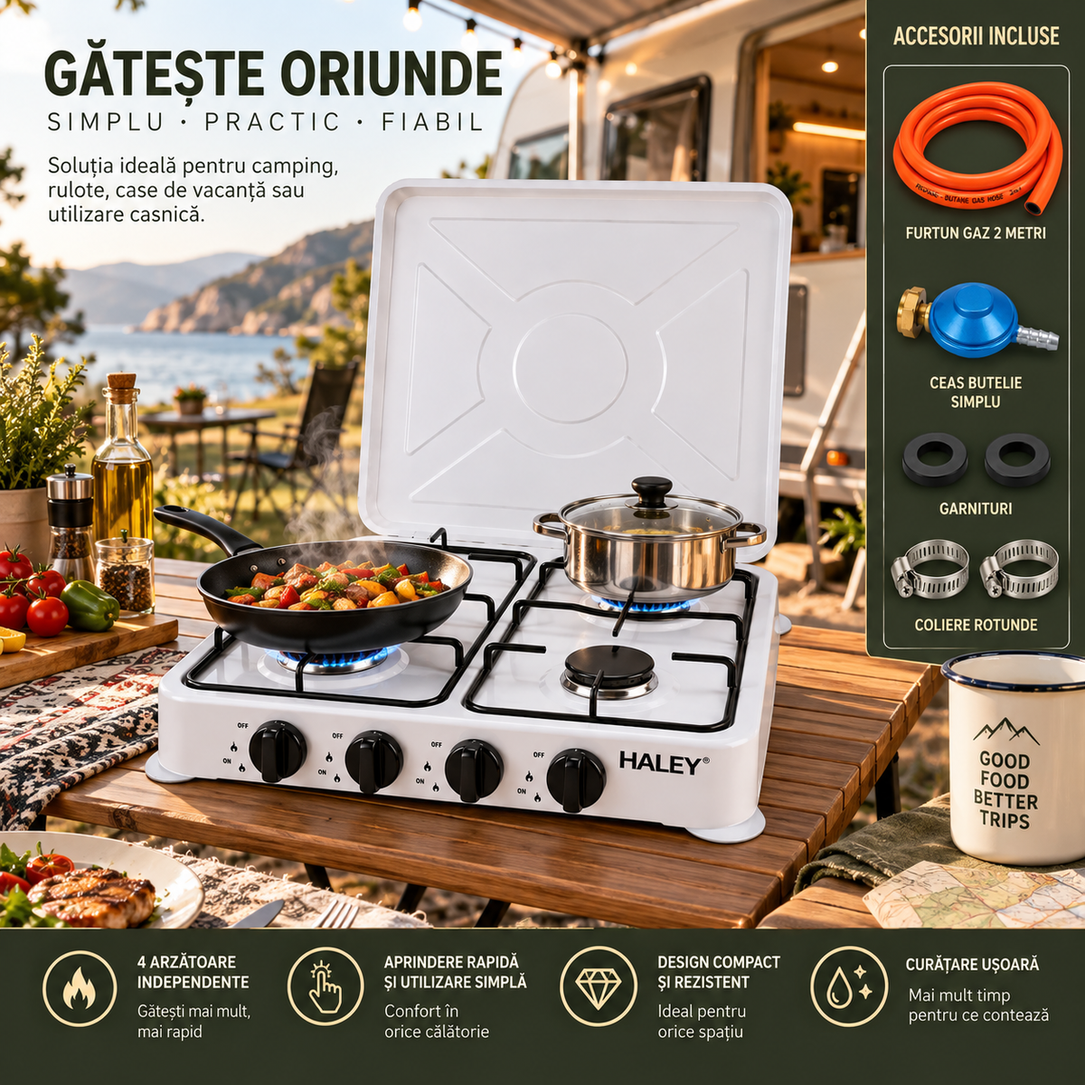 Aragaz plita, alimentare GAZ butelie, 4 Arzatoare, Aprindere Rapida, Capac Metalic Rabatabil, Accesorii Montaj incluse