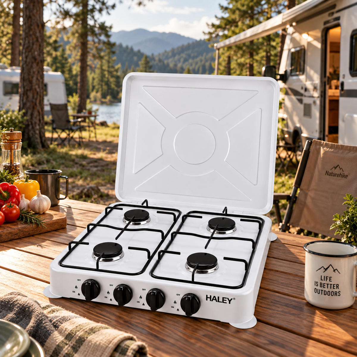 Aragaz plita, alimentare GAZ butelie, 4 Arzatoare, Aprindere Rapida, Capac Metalic Rabatabil, Accesorii Montaj incluse