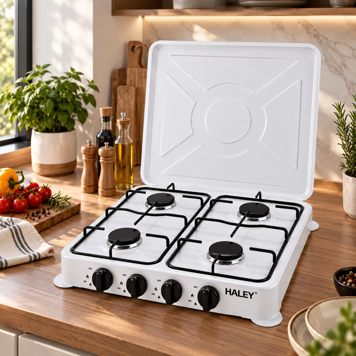 Aragaz plita, alimentare GAZ butelie, 4 Arzatoare, Aprindere Rapida, Capac Metalic Rabatabil, Accesorii Montaj incluse