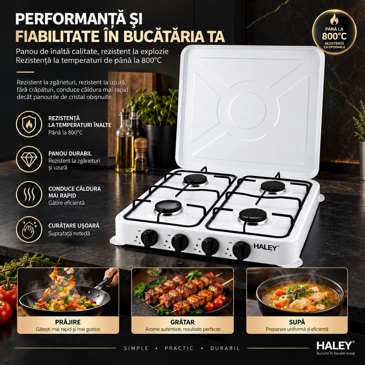 Aragaz plita, alimentare GAZ butelie, 4 Arzatoare, Aprindere Rapida, Capac Metalic Rabatabil, Accesorii Montaj incluse