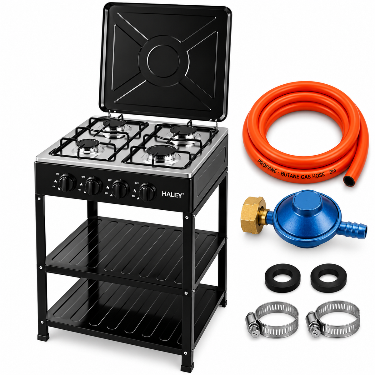 Aragaz, Alimentare Gaz Butelie, 4 Arzatoare, Control Individual al Flacarii, Capac Rabatabil, Suport Metalic Cu 2 Rafturi, Accesorii Montaj incluse