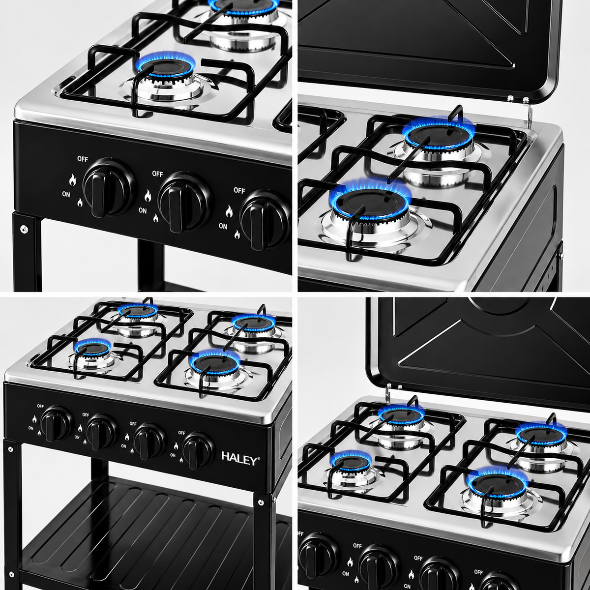 Aragaz, Alimentare Gaz Butelie, 4 Arzatoare, Control Individual al Flacarii, Capac Rabatabil, Suport Metalic Cu 2 Rafturi, Accesorii Montaj incluse