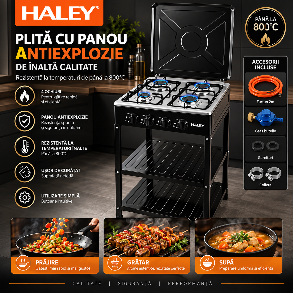 Aragaz, Alimentare Gaz Butelie, 4 Arzatoare, Control Individual al Flacarii, Capac Rabatabil, Suport Metalic Cu 2 Rafturi, Accesorii Montaj incluse
