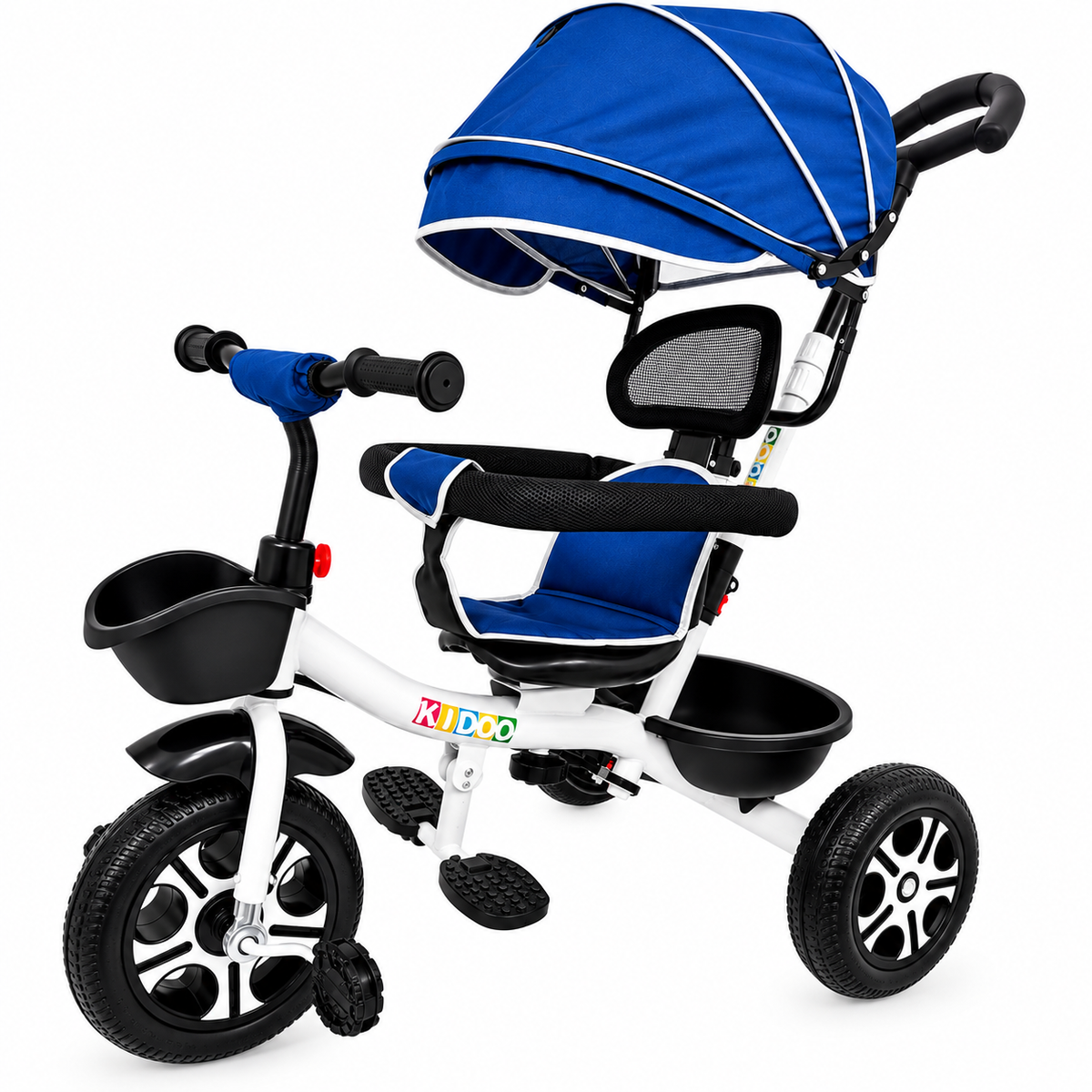 Tricicleta Evolutiva KIDDO  pentru Copii, 9 Luni - 6 Ani, Scaun Rotativ 360°, Copertina UV, Maner Parental, Roti din Cauciuc