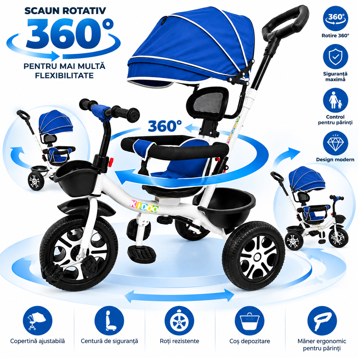 Tricicleta Evolutiva KIDDO  pentru Copii, 9 Luni - 6 Ani, Scaun Rotativ 360°, Copertina UV, Maner Parental, Roti din Cauciuc