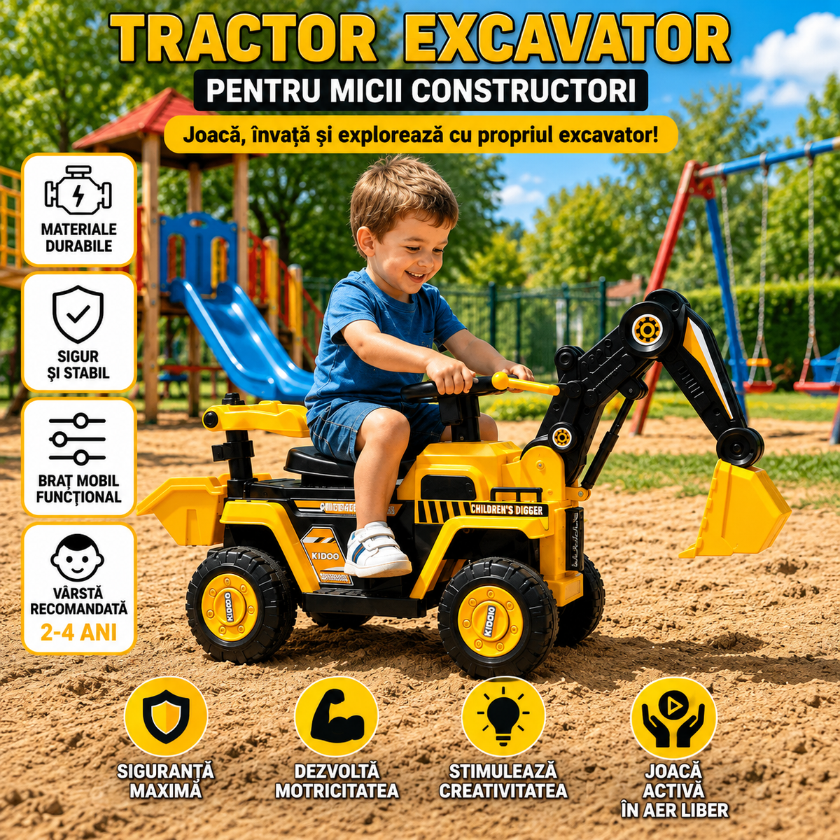 Tractor Excavator Electric pentru Copii, 2-4 Ani, Brat Mobil, Cupa Functionala, Volan cu Sunete, Mers Inainte/Inapoi