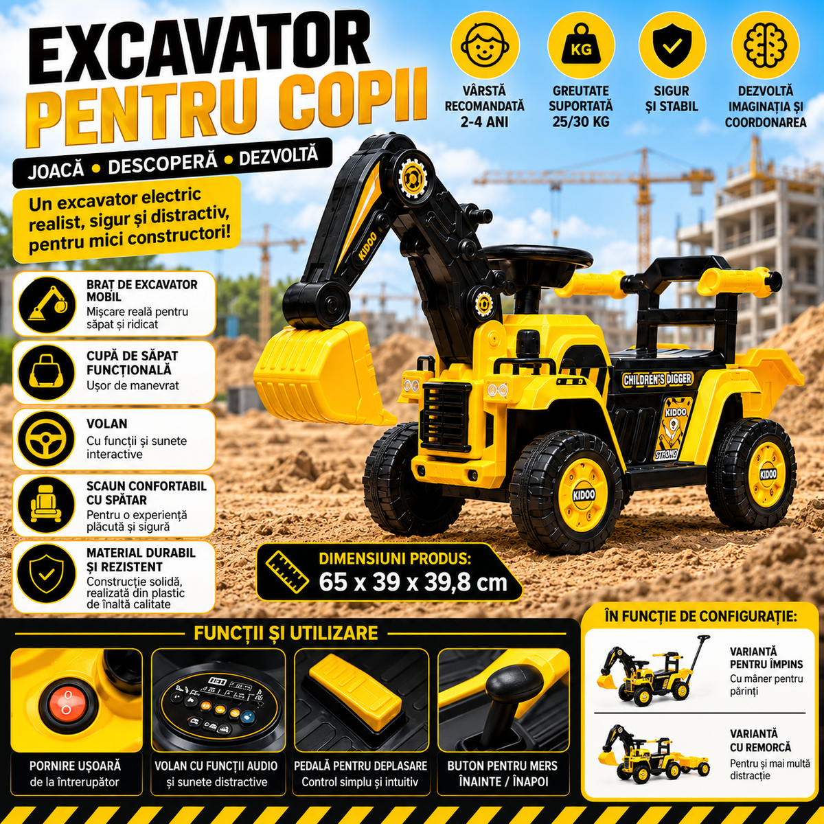 Tractor Excavator Electric pentru Copii, 2-4 Ani, Brat Mobil, Cupa Functionala, Volan cu Sunete, Mers Inainte/Inapoi