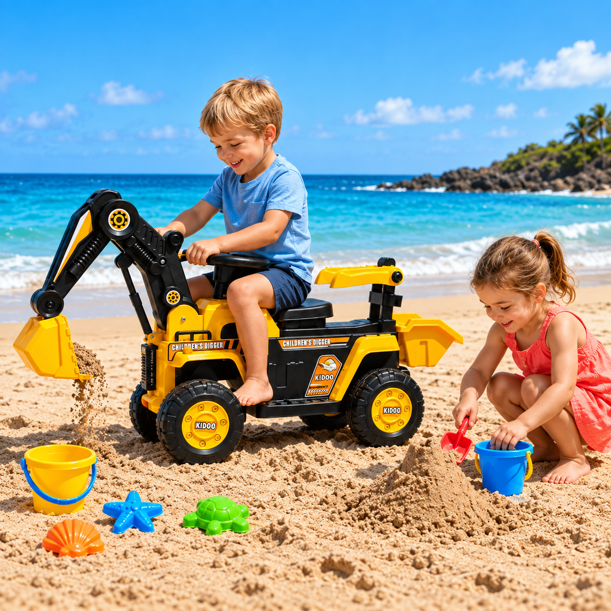 Tractor Excavator Electric pentru Copii, 2-4 Ani, Brat Mobil, Cupa Functionala, Volan cu Sunete, Mers Inainte/Inapoi