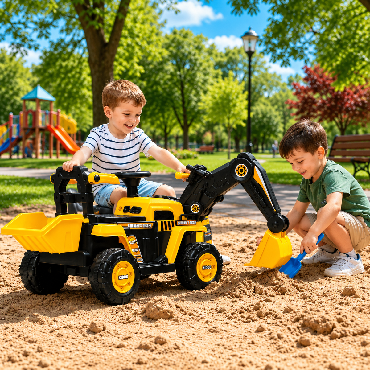 Tractor Excavator Electric pentru Copii, 2-4 Ani, Brat Mobil, Cupa Functionala, Volan cu Sunete, Mers Inainte/Inapoi