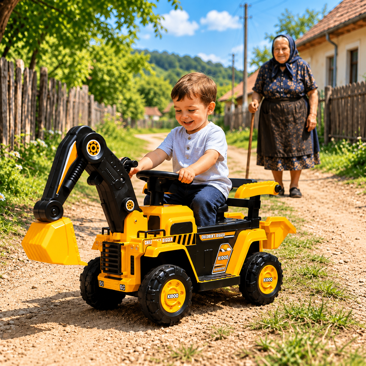 Tractor Excavator Electric pentru Copii, 2-4 Ani, Brat Mobil, Cupa Functionala, Volan cu Sunete, Mers Inainte/Inapoi