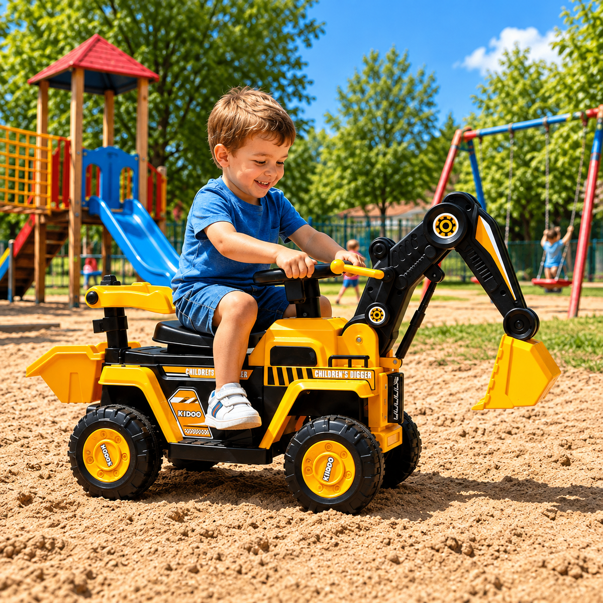 Tractor Excavator Electric pentru Copii, 2-4 Ani, Brat Mobil, Cupa Functionala, Volan cu Sunete, Mers Inainte/Inapoi