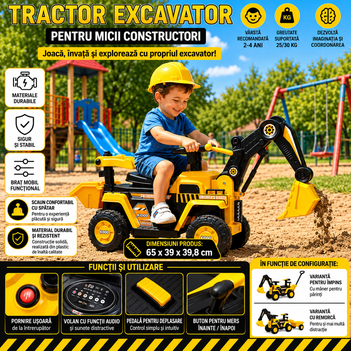 Tractor Excavator Electric pentru Copii, 2-4 Ani, Brat Mobil, Cupa Functionala, Volan cu Sunete, Mers Inainte/Inapoi