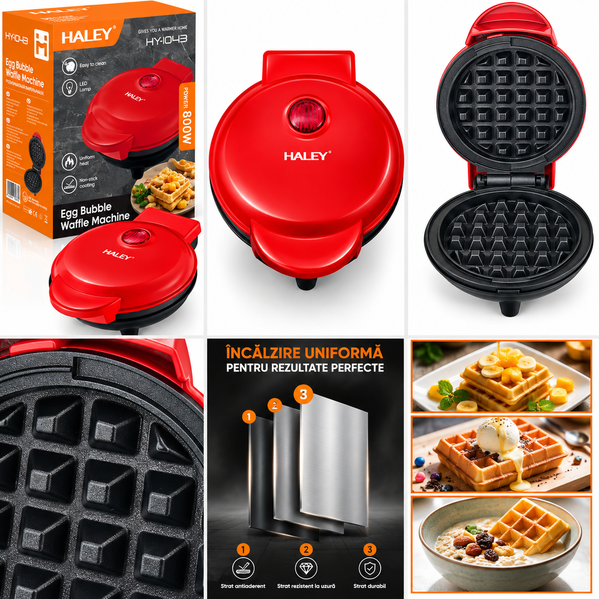 Aparat Mini Gofre, 800W, Placi Antiaderente, Indicator Luminos, Compact, 230V, Rosu