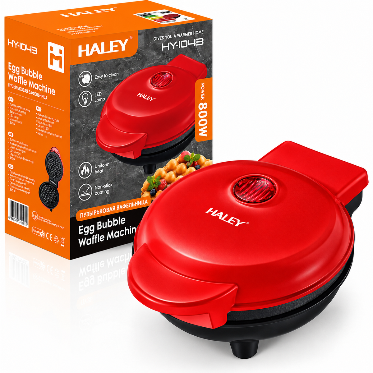 Aparat Mini Gofre, 800W, Placi Antiaderente, Indicator Luminos, Compact, 230V, Rosu