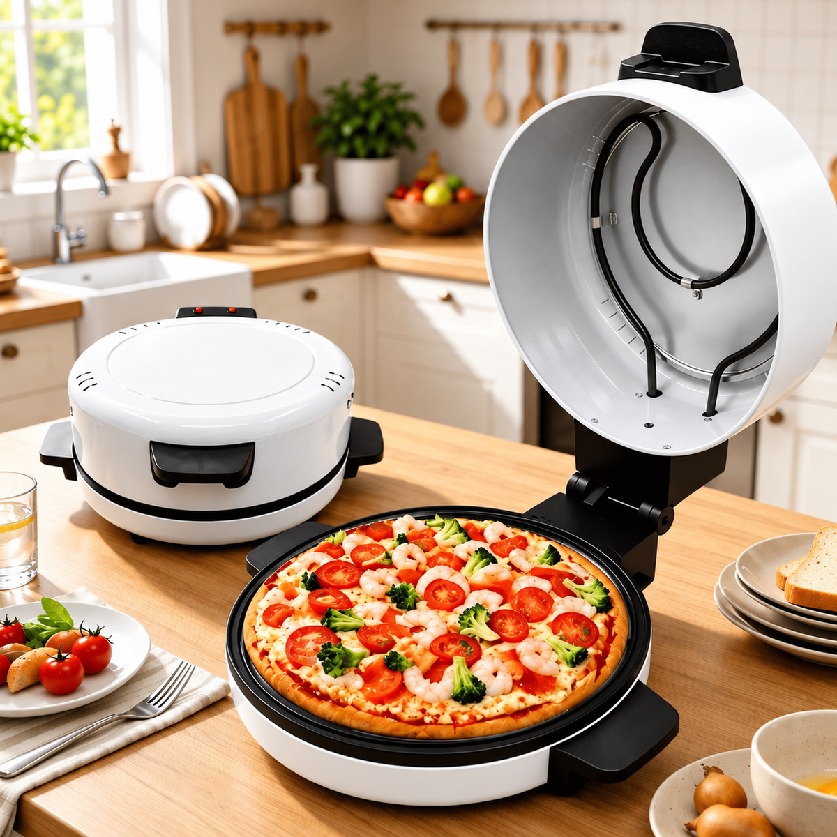 Cuptor Electric pentru Pizza, 3000W, Incalzire Sus-Jos, Tavita Rotunda, Capac Rabatabil, Design Compact