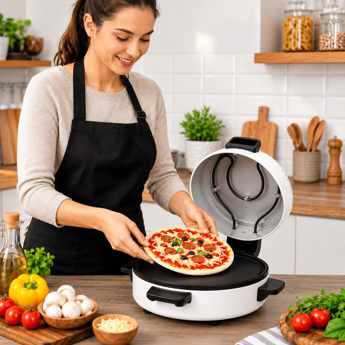 Cuptor Electric pentru Pizza, 3000W, Incalzire Sus-Jos, Tavita Rotunda, Capac Rabatabil, Design Compact