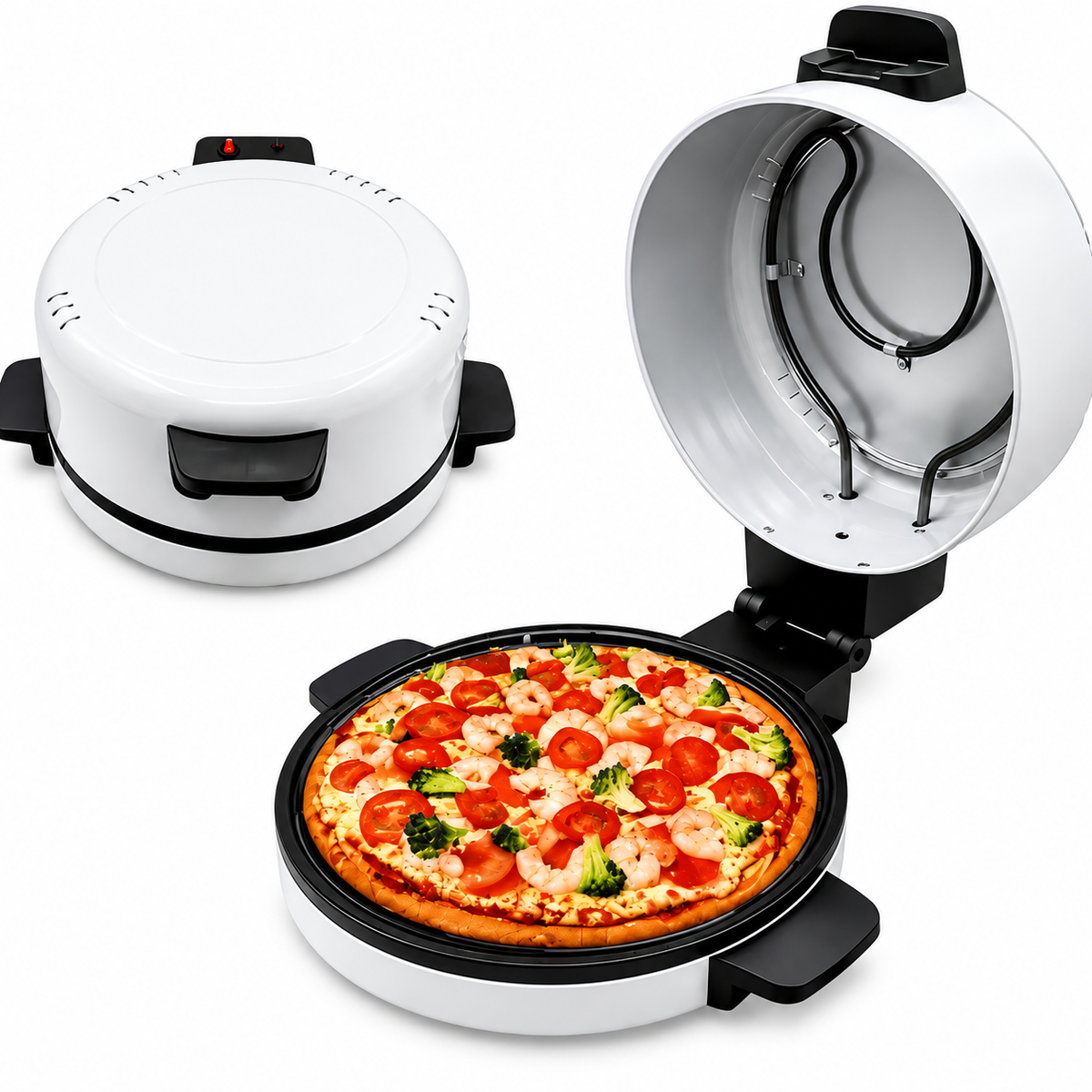 Cuptor Electric pentru Pizza, 3000W, Incalzire Sus-Jos, Tavita Rotunda, Capac Rabatabil, Design Compact