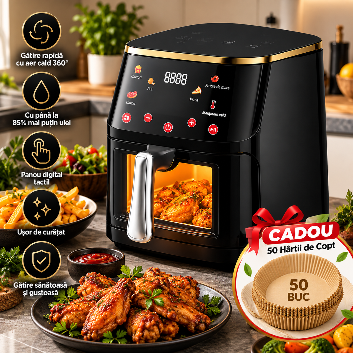 Friteuza cu Aer Cald, 10L, Panou Digital Tactil, Geam Transparent, 8 Programe, Circulatie Aer 360°, Vas Detasabil, Negru