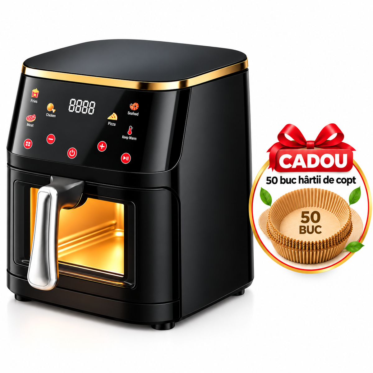 Friteuza cu Aer Cald, 10L, Panou Digital Tactil, Geam Transparent, 8 Programe, Circulatie Aer 360°, Vas Detasabil, Negru