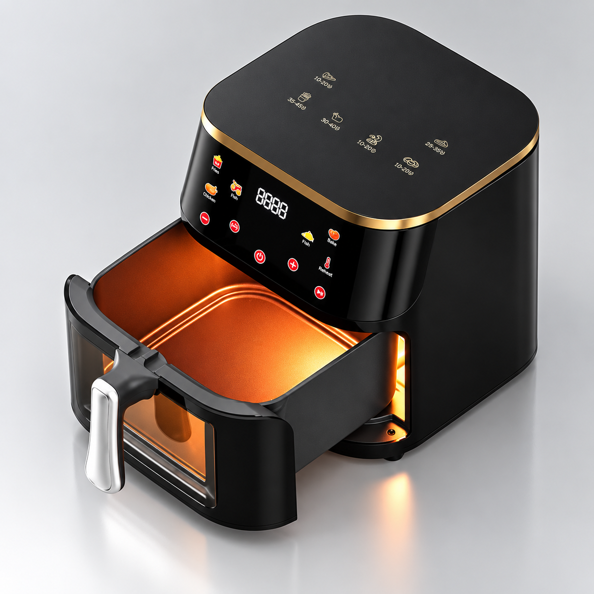 Friteuza cu Aer Cald, 10L, Panou Digital Tactil, Geam Transparent, 8 Programe, Circulatie Aer 360°, Vas Detasabil, Negru