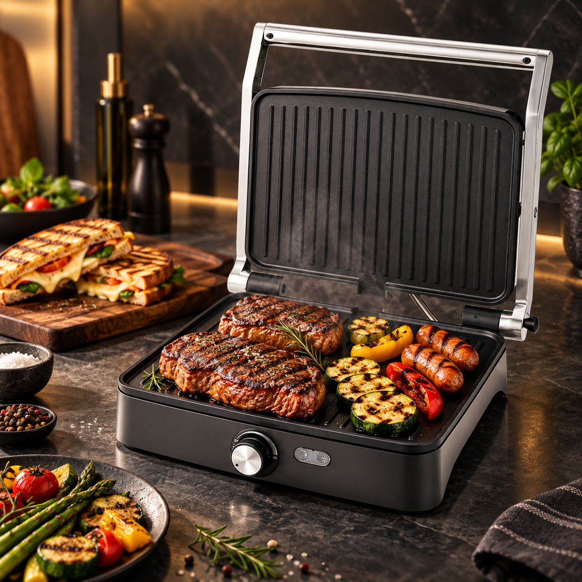 Grill Electric, 2000W, Deschidere 180°, Placi Antiaderente, Temperatura Reglabila, Tava Colectare Grasime