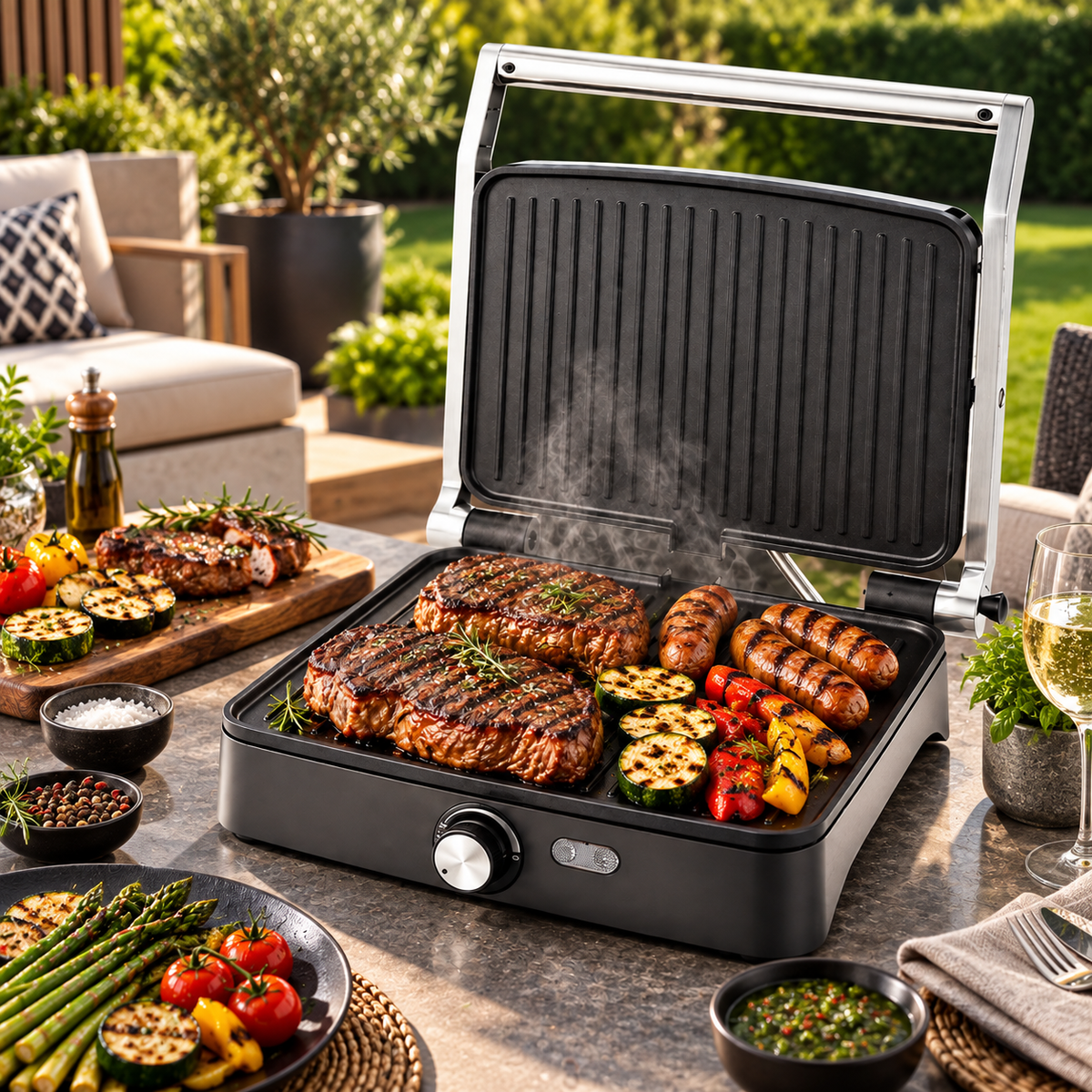 Grill Electric, 2000W, Deschidere 180°, Placi Antiaderente, Temperatura Reglabila, Tava Colectare Grasime
