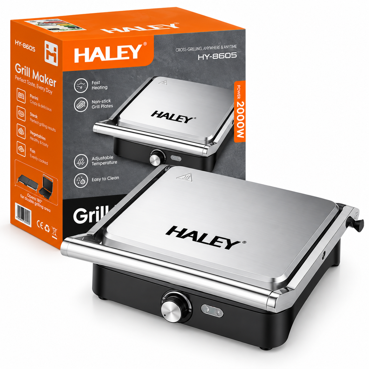 Grill Electric, 2000W, Deschidere 180°, Placi Antiaderente, Temperatura Reglabila, Tava Colectare Grasime
