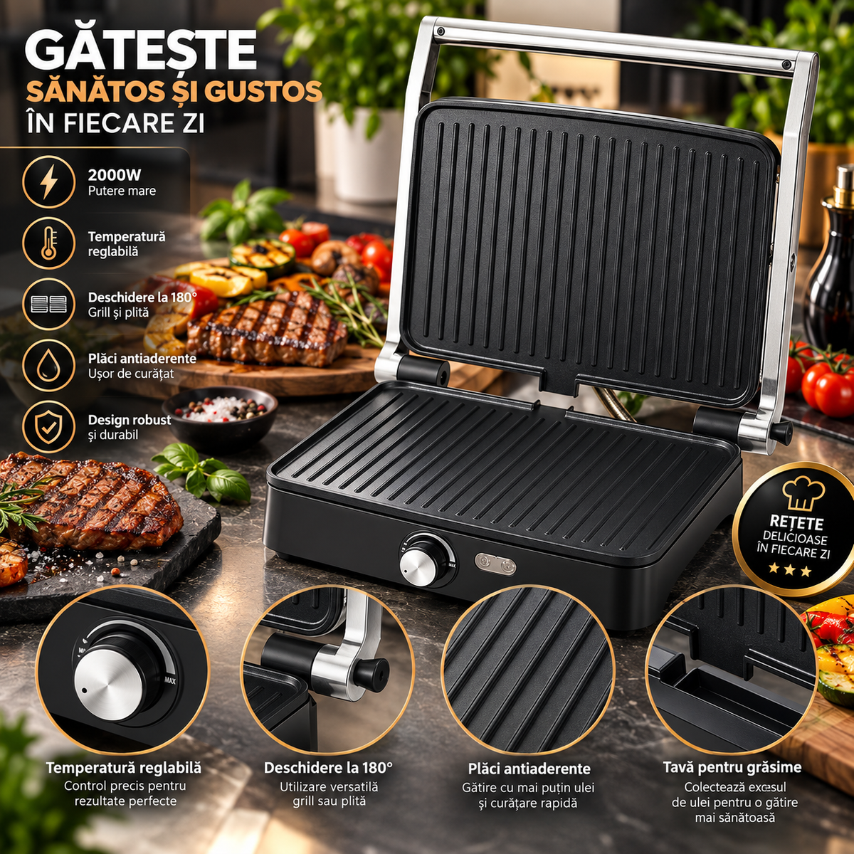 Grill Electric, 2000W, Deschidere 180°, Placi Antiaderente, Temperatura Reglabila, Tava Colectare Grasime