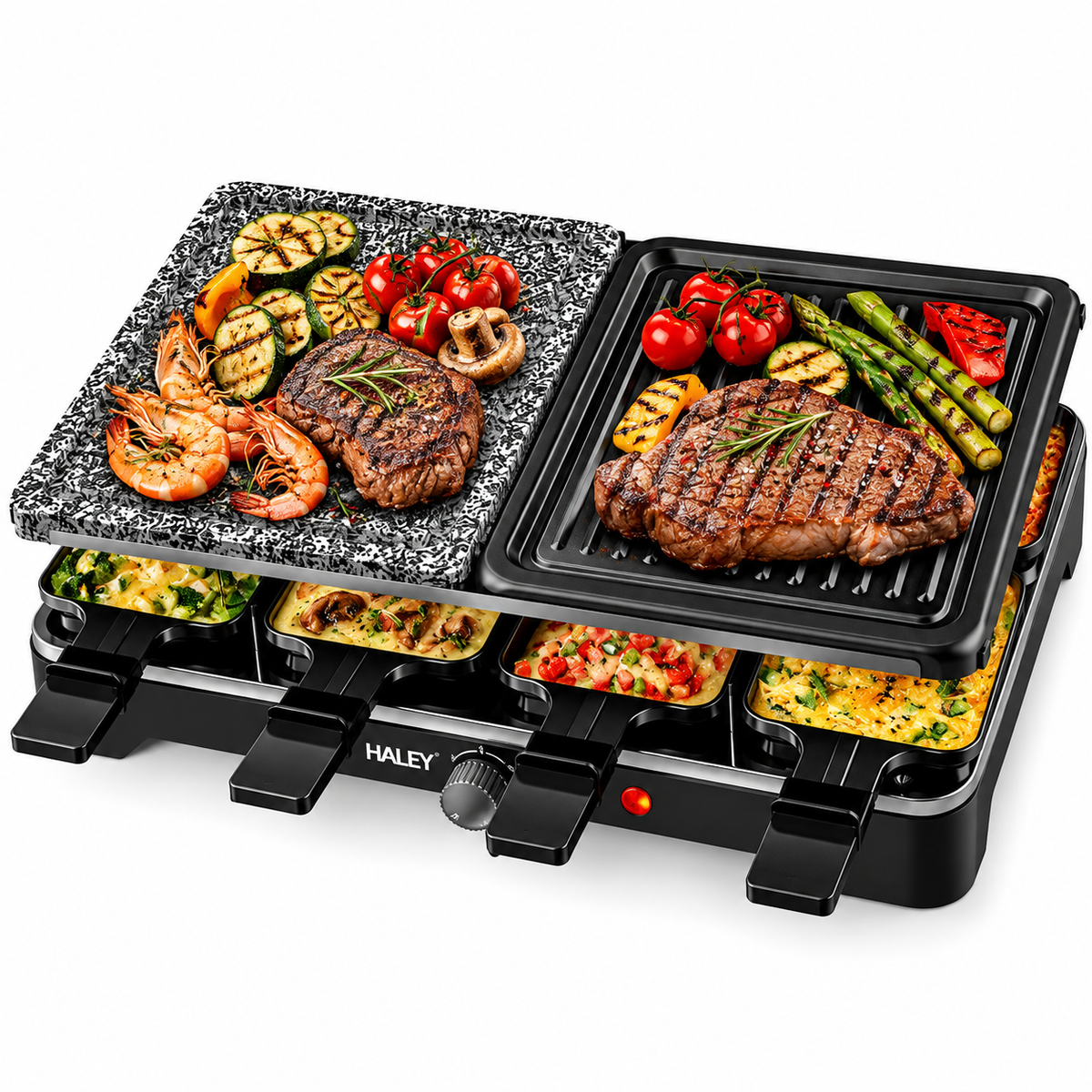 Grill Electric Multifunctional, 1500W, Raclette, Placa Grill + Piatra, 8 Mini-Tavite, Temperatura Reglabila, Protectie Supraincalzire