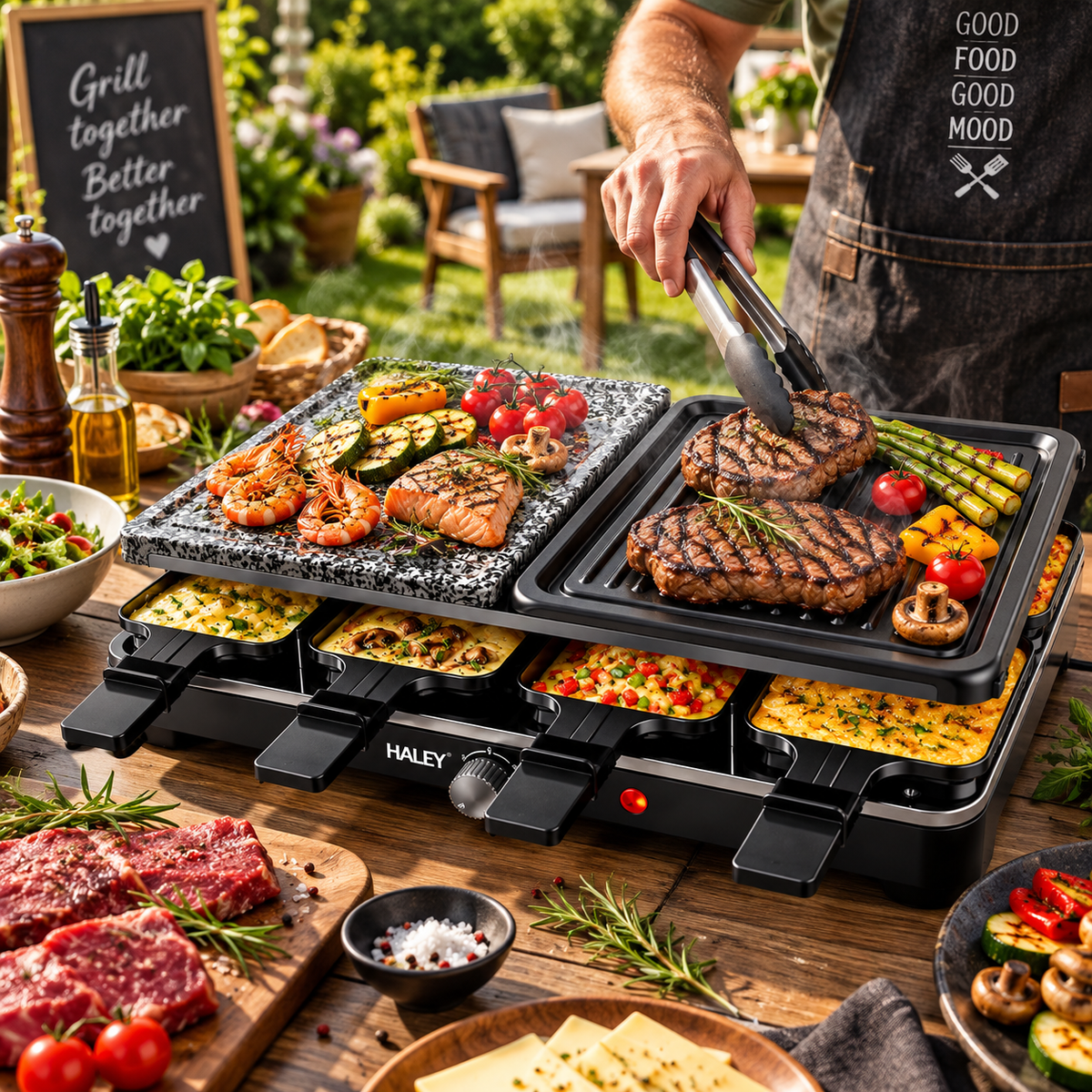 Grill Electric Multifunctional, 1500W, Raclette, Placa Grill + Piatra, 8 Mini-Tavite, Temperatura Reglabila, Protectie Supraincalzire