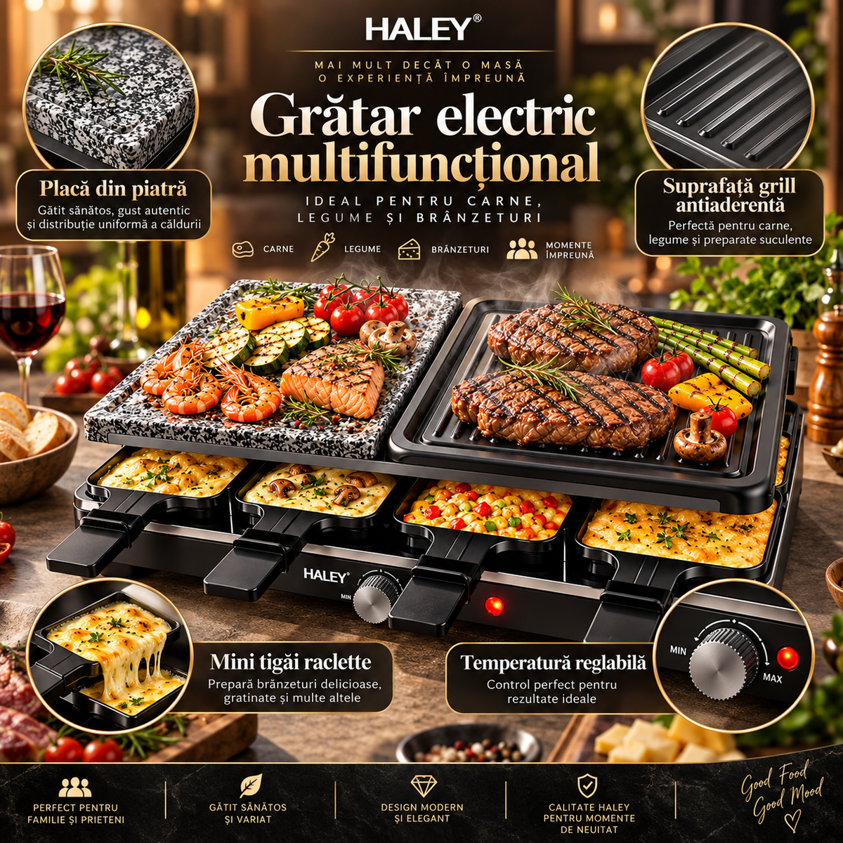 Grill Electric Multifunctional, 1500W, Raclette, Placa Grill + Piatra, 8 Mini-Tavite, Temperatura Reglabila, Protectie Supraincalzire