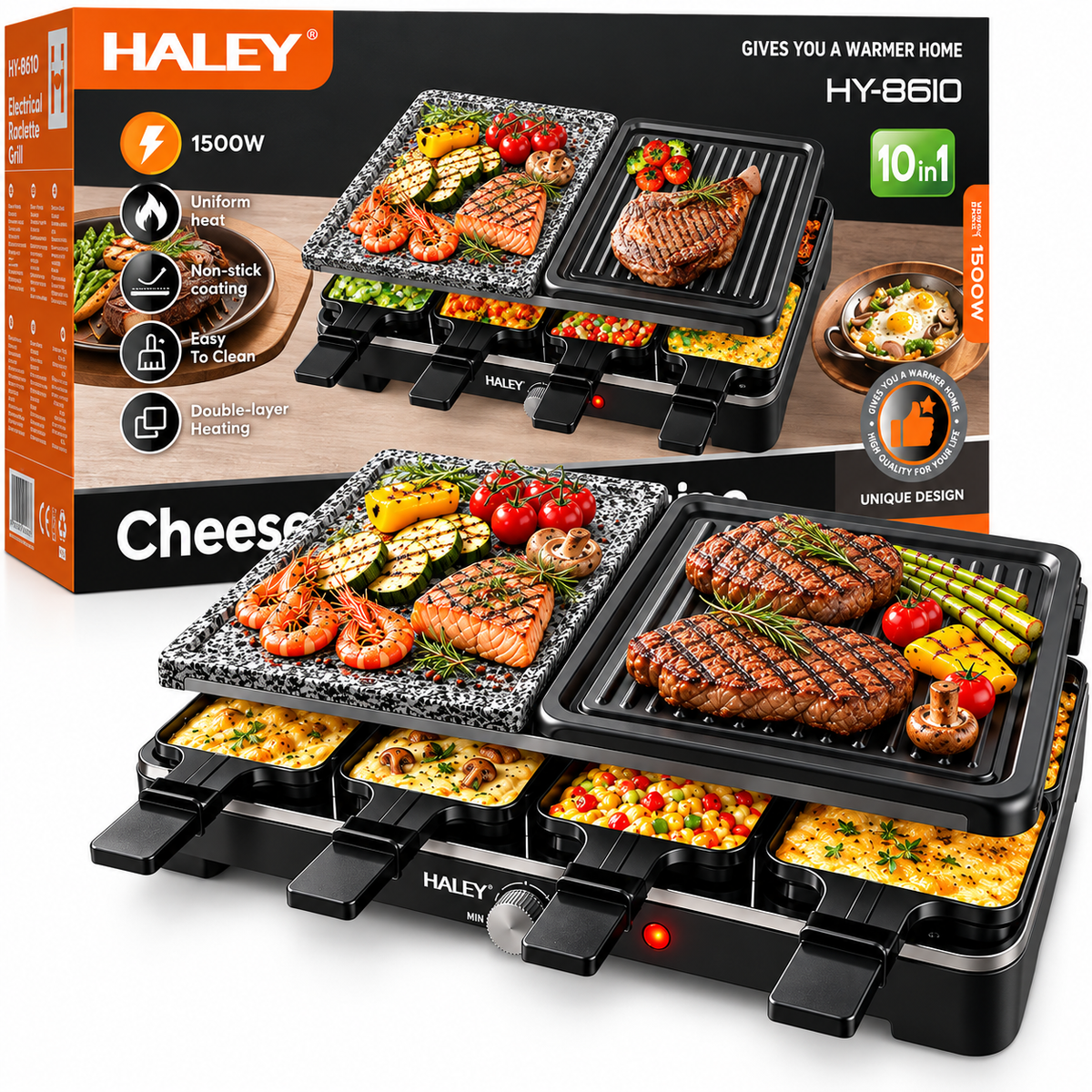 Grill Electric Multifunctional, 1500W, Raclette, Placa Grill + Piatra, 8 Mini-Tavite, Temperatura Reglabila, Protectie Supraincalzire