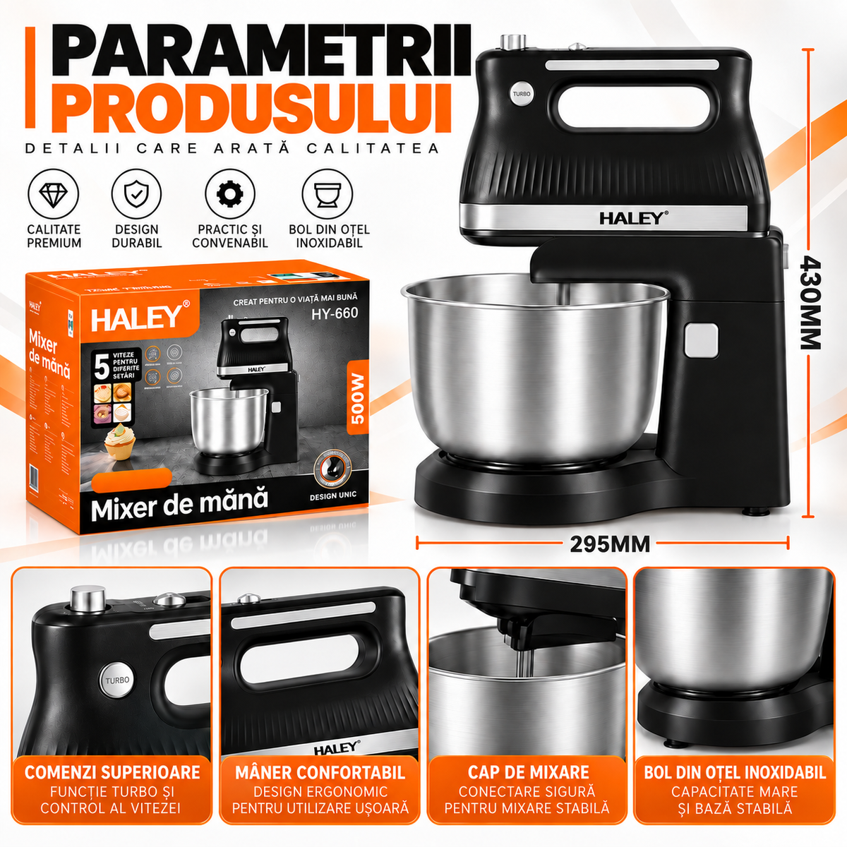 Mixer de Mana, 500W, 5 Viteze + Turbo, Teluri si Carlige pentru Framantare, Design Ergonomic