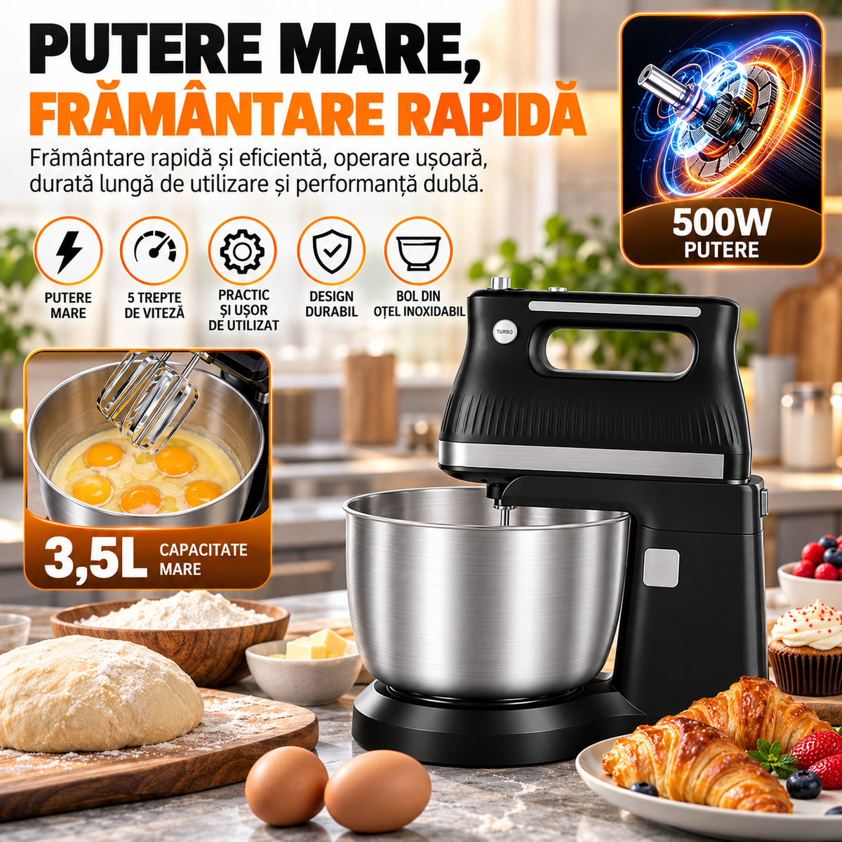 Mixer de Mana, 500W, 5 Viteze + Turbo, Teluri si Carlige pentru Framantare, Design Ergonomic