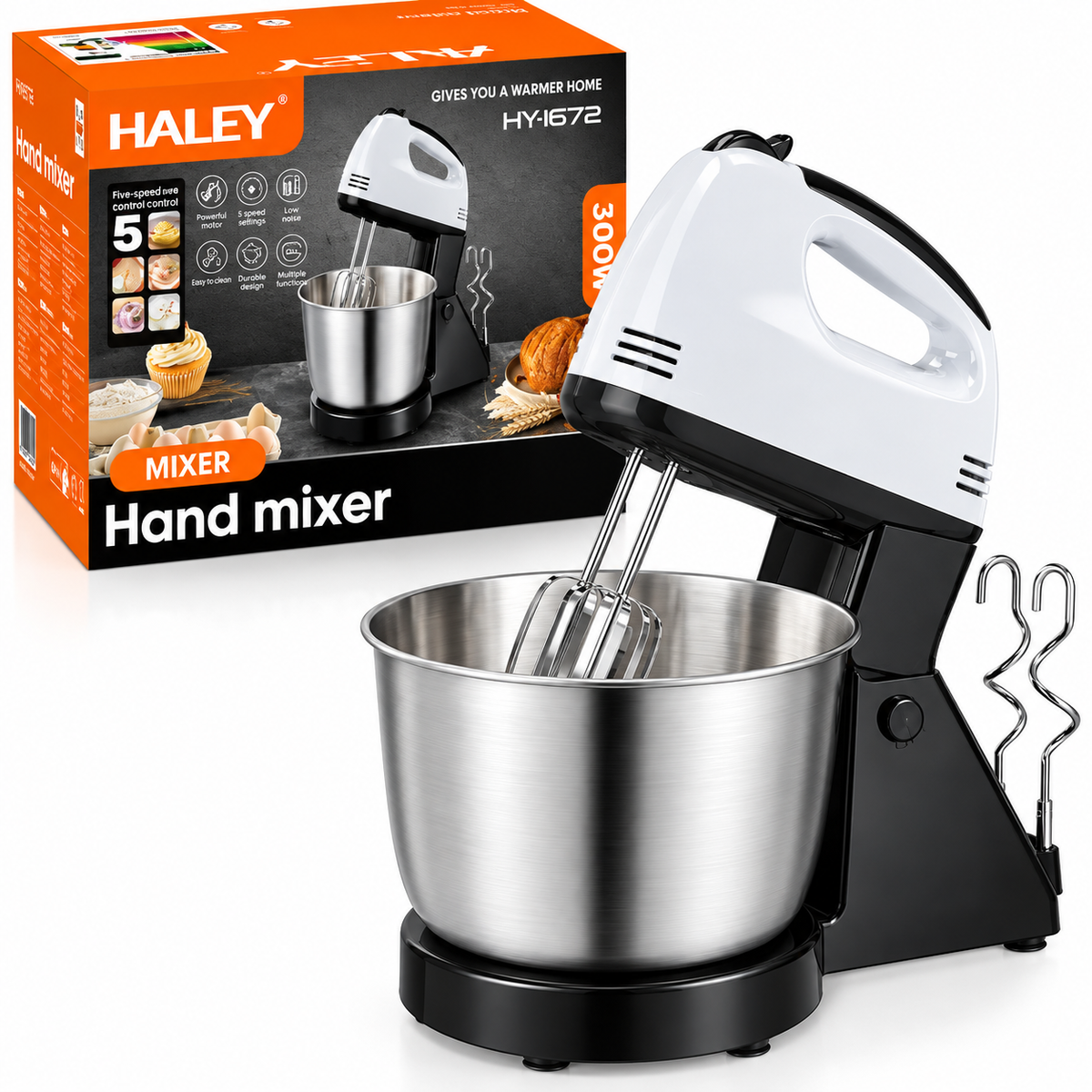 Mixer de Mana, 300W, 7 Viteze + Turbo, Bol Inox, Suport, 2 in 1, Teluri si Carlige pentru Framantare
