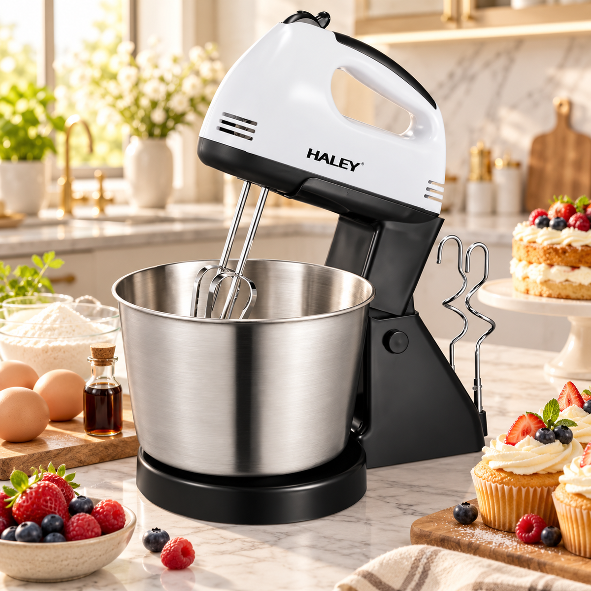Mixer de Mana, 300W, 7 Viteze + Turbo, Bol Inox, Suport, 2 in 1, Teluri si Carlige pentru Framantare